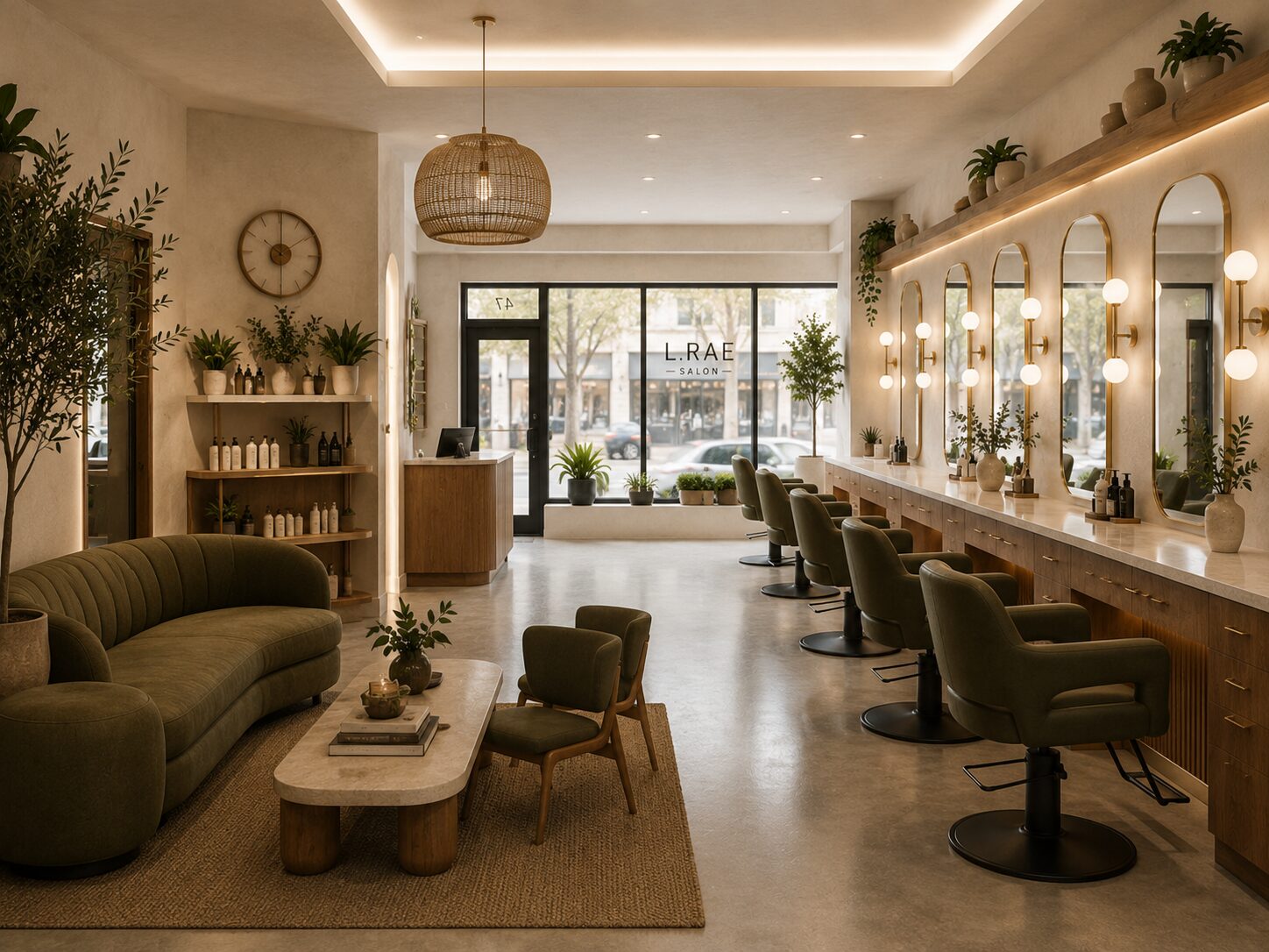 L.RAE Salon interior — olive styling chairs, walnut color bar, and the State Street window