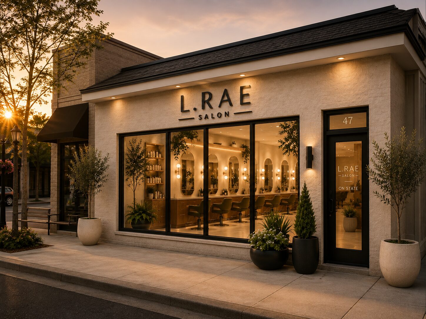 L.RAE Salon on State Street at dusk — 47 East State Street, Media, PA